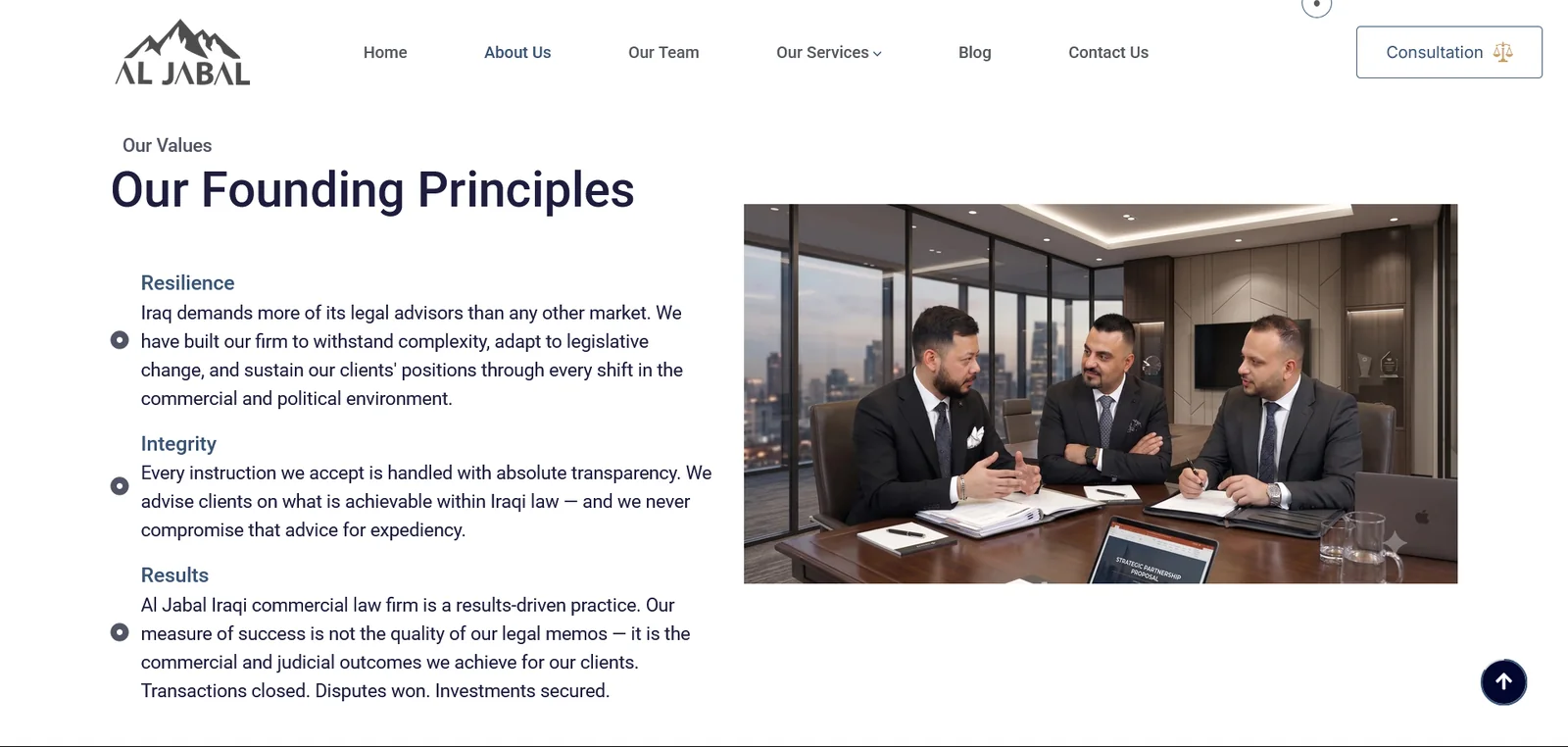 Al Jabal Law Firm website founding principles page
