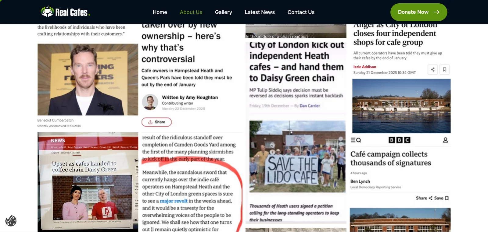 Real Cafes Campaign website news page