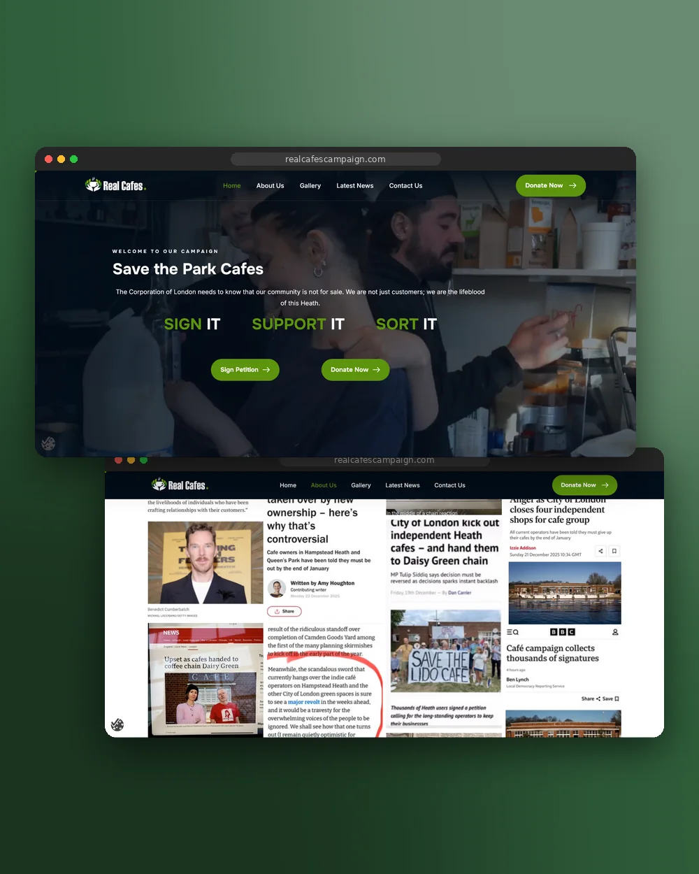 Real Cafes Campaign website designed by Imagine Digital Studios, shown on desktop